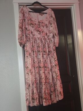 JessaKae Freshly Picked Pink Rose Print Midi Dress with Puff Sleeves Size Large